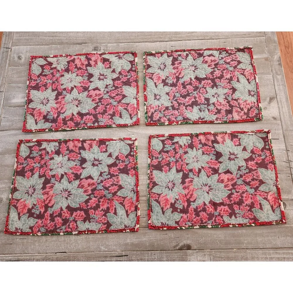Festive Holiday Poinsettia Pattern Woven Tapestry Placemats Set Of 4 17